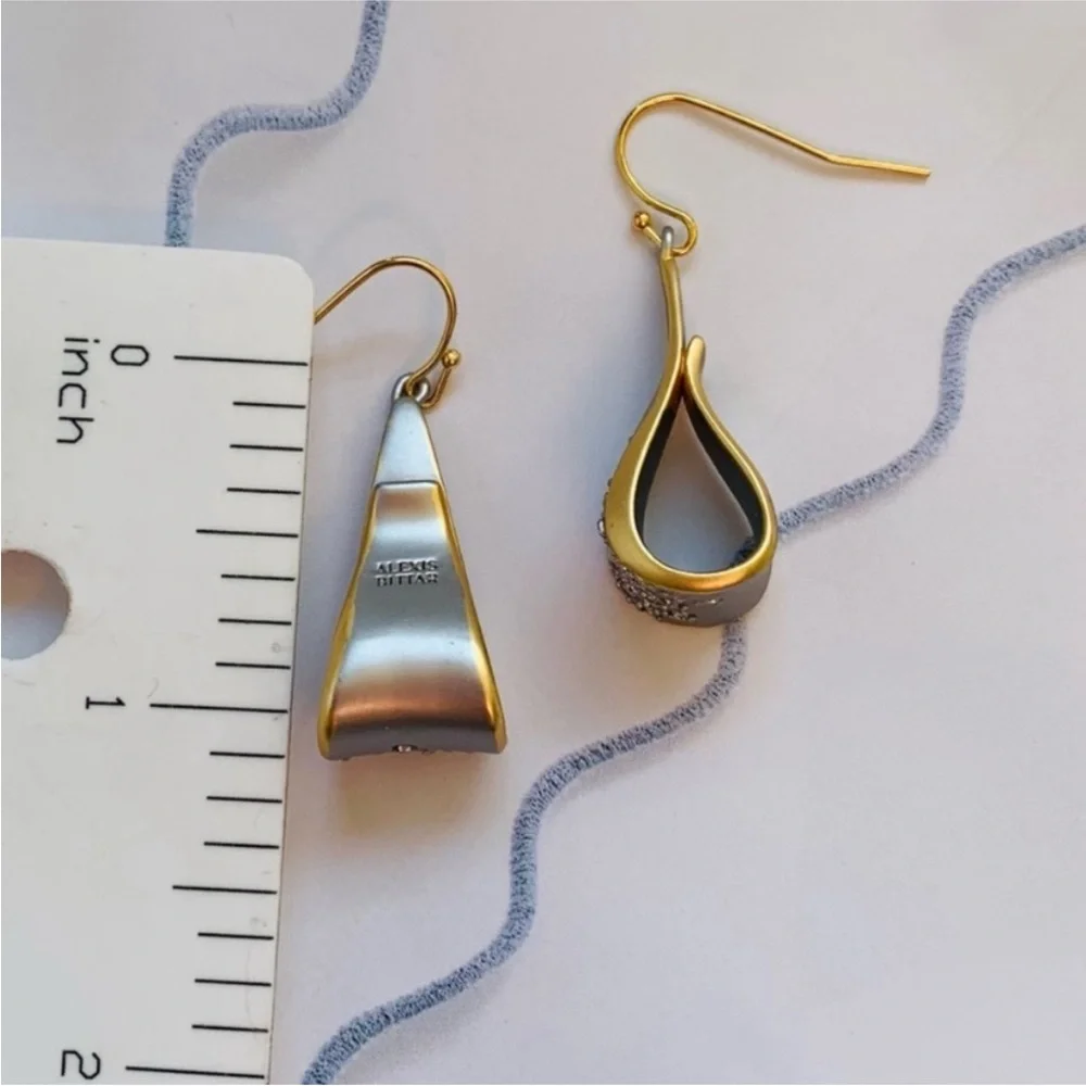 ALEXIS BITTAR • Ribbon Curl Bow Crystal Dusted Matte Silver Gold Drop Earrings